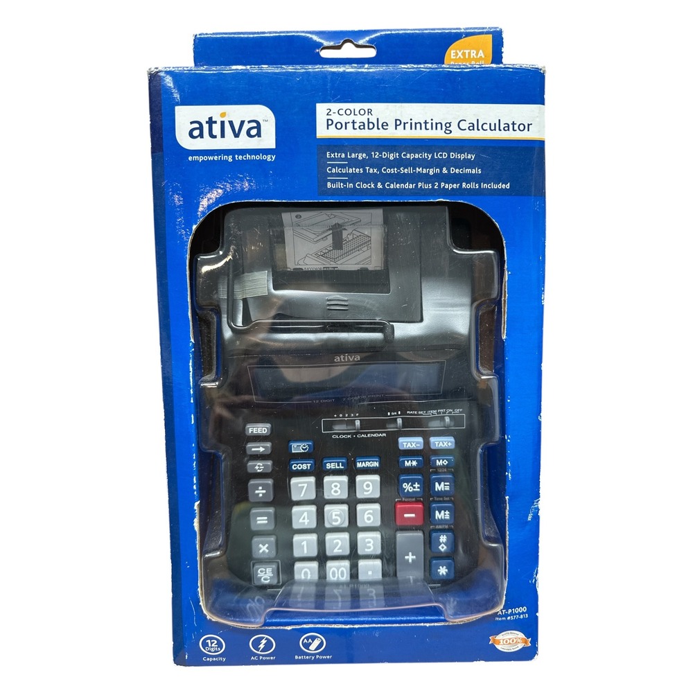 Ativa AT-P1000 Portable Printing Calculator 12 Digit 2 Color LCD Desktop READ